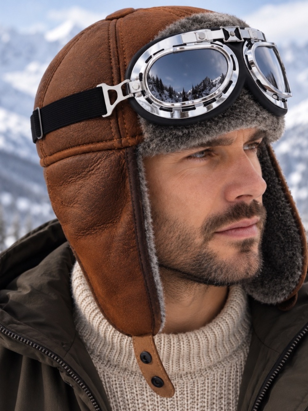 Genuine Shearling Leather Trapper Hat Aviator Winter Hat + Goggles XL–2XL